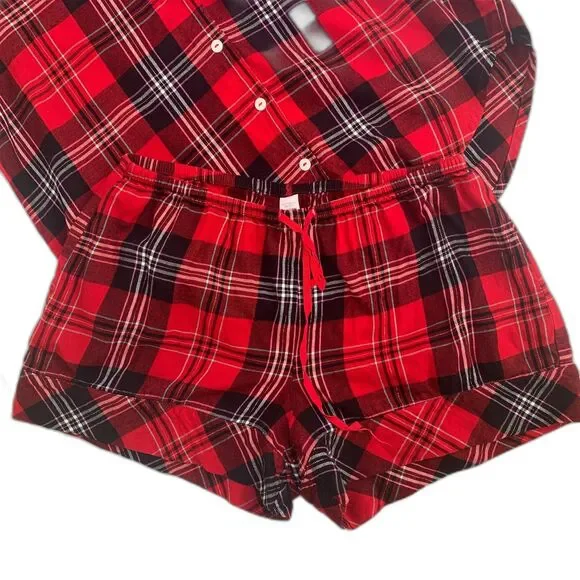 Victoria's Secret 2 piece red plaid tartan short sleeve shirt shorts pajamas XS - Picture 9 of 9